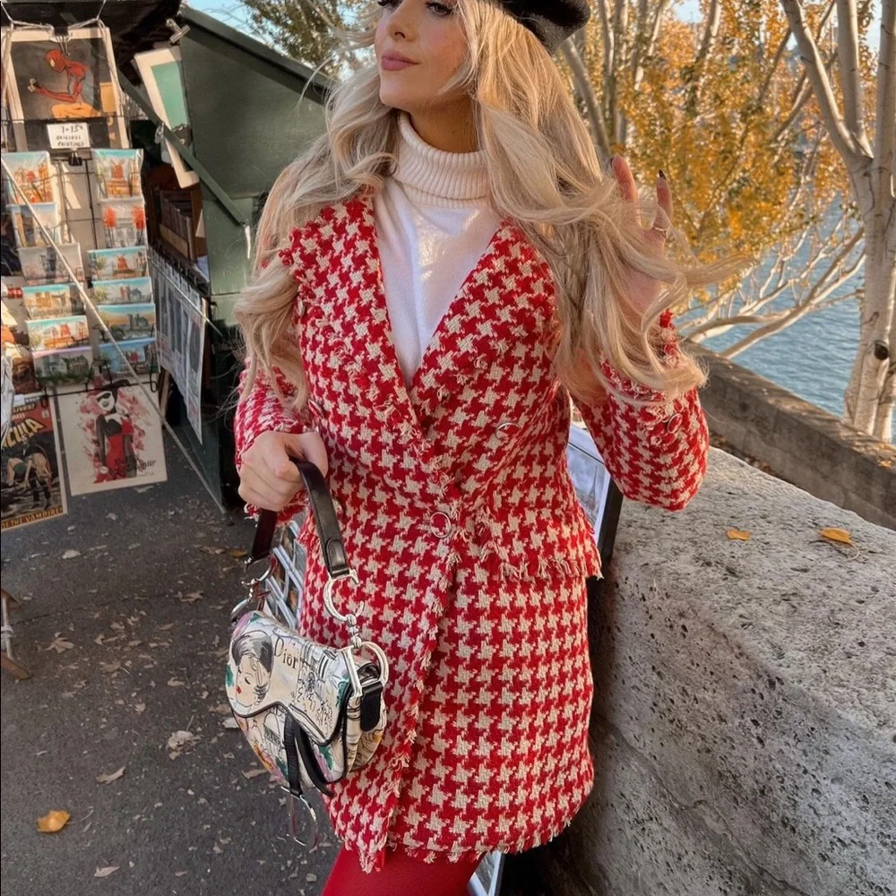 ZARA HOUNDSTOOTH TEXTURED COAT FRAYED TRIMS NEW SIZE S - Picture 5 of 11